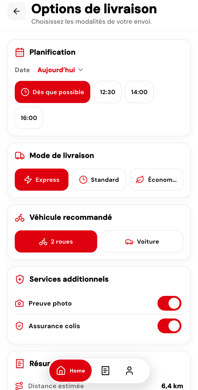 Application Client : choix de la date, du mode de livraison, du véhicule et des services additionnels d'un envoi.