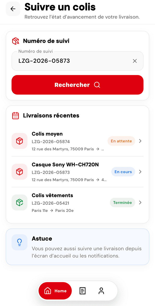 Application Client : suivi d'un colis par numéro de suivi et liste des livraisons récentes.