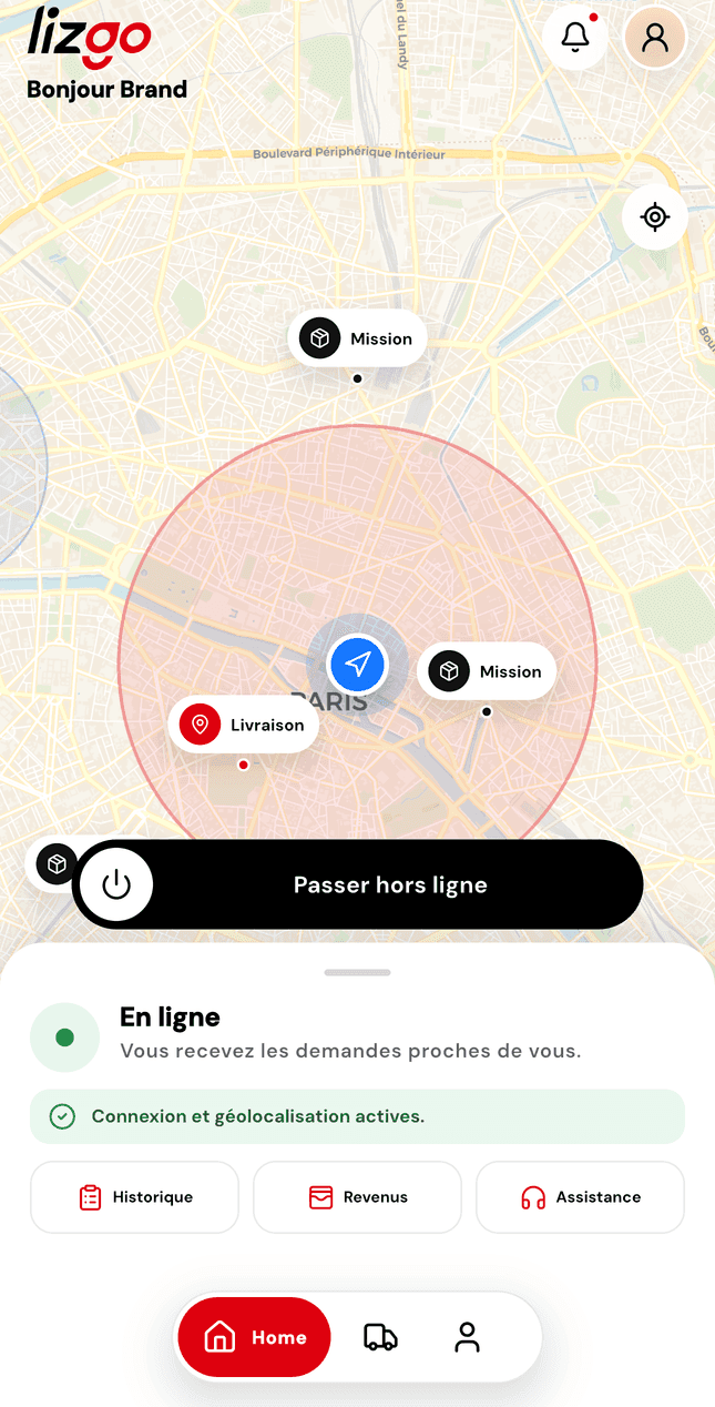 Application Livreur : carte des missions disponibles autour de la position du livreur, avec le statut en ligne.
