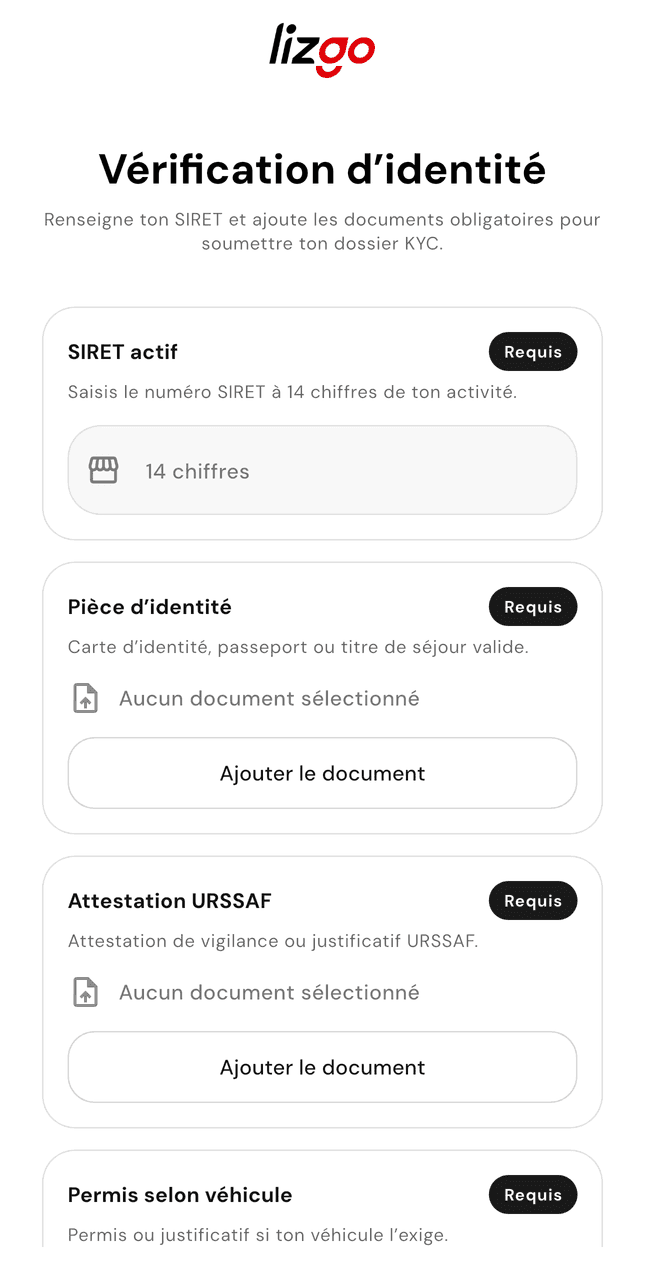 Application Livreur : dossier de vérification d'identité réunissant SIRET, pièce d'identité, attestation URSSAF et permis.