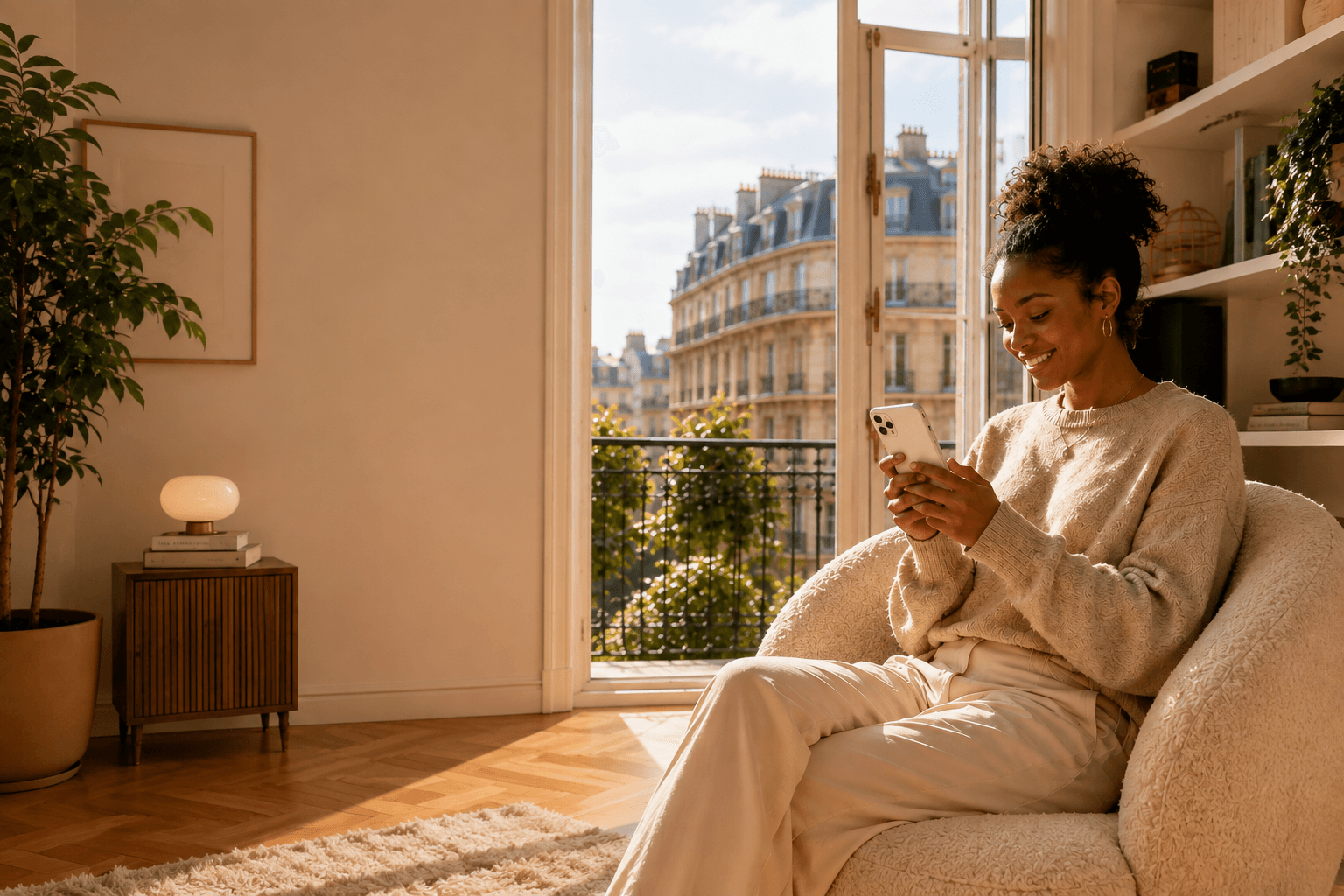 Une cliente consulte son smartphone dans un intérieur lumineux.
