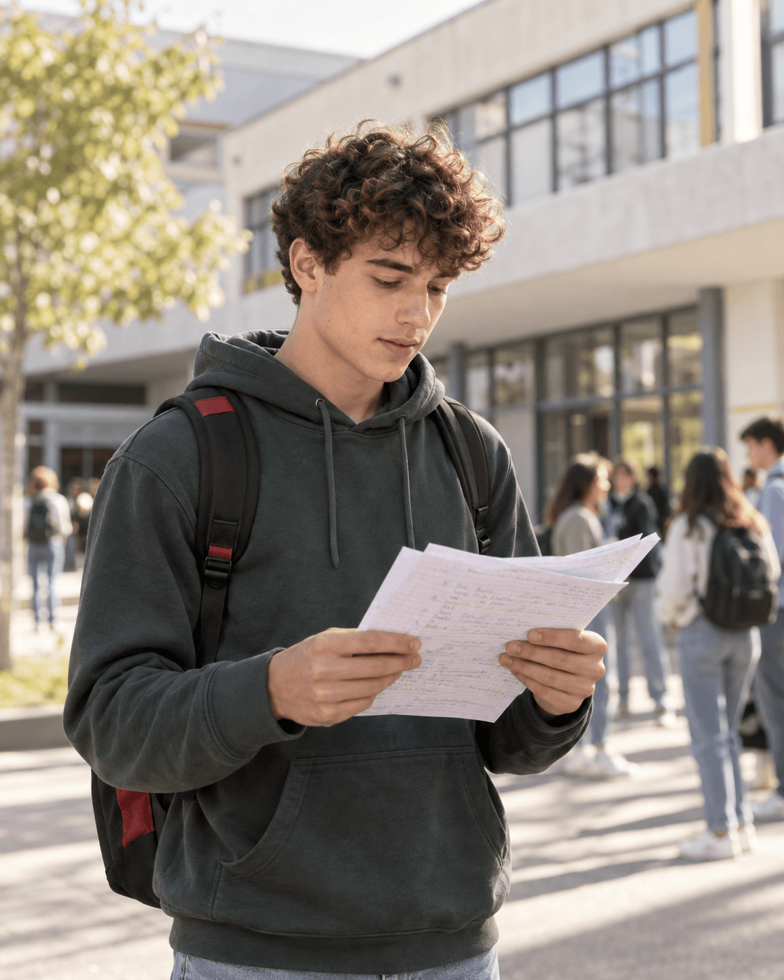 Un élève révise ses notes devant son établissement, sans calculatrice.