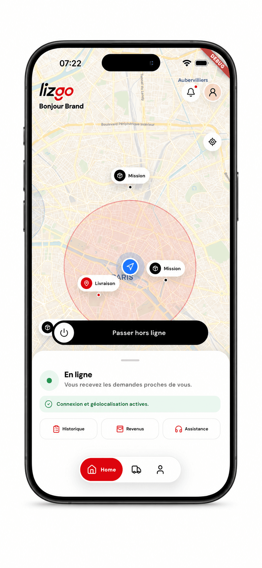 Application Livreur LizGo affichant les missions proches sur une carte et le statut en ligne.